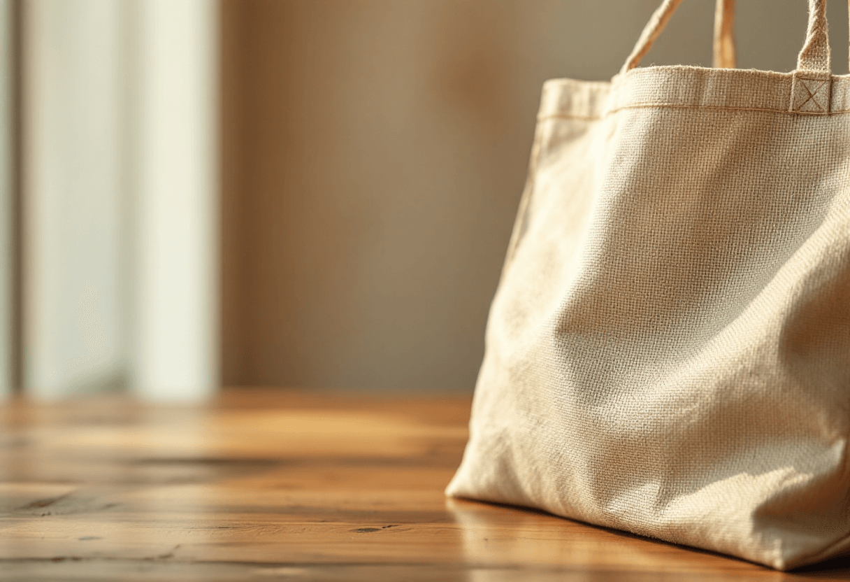 Sac cabas en jute sur une table en bois.