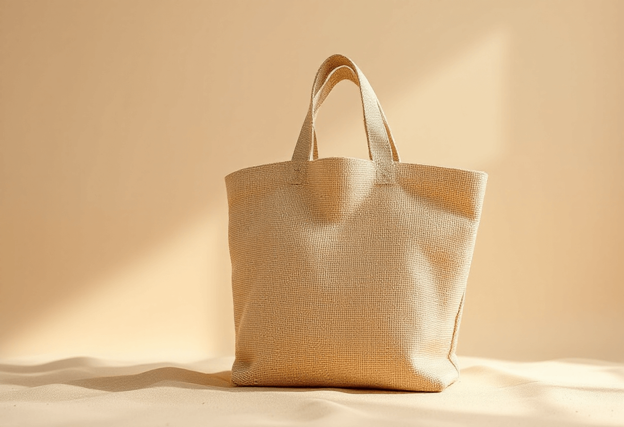 Sac jute style plage sur fond sable.